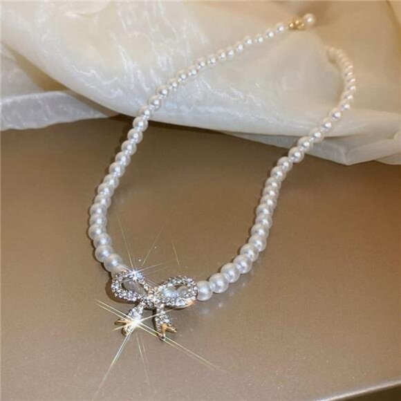 Boho Shiny Pearl Rhinestones Bow Choker Necklaces Dainty Rhinestones Pearls - Picture 4 of 14